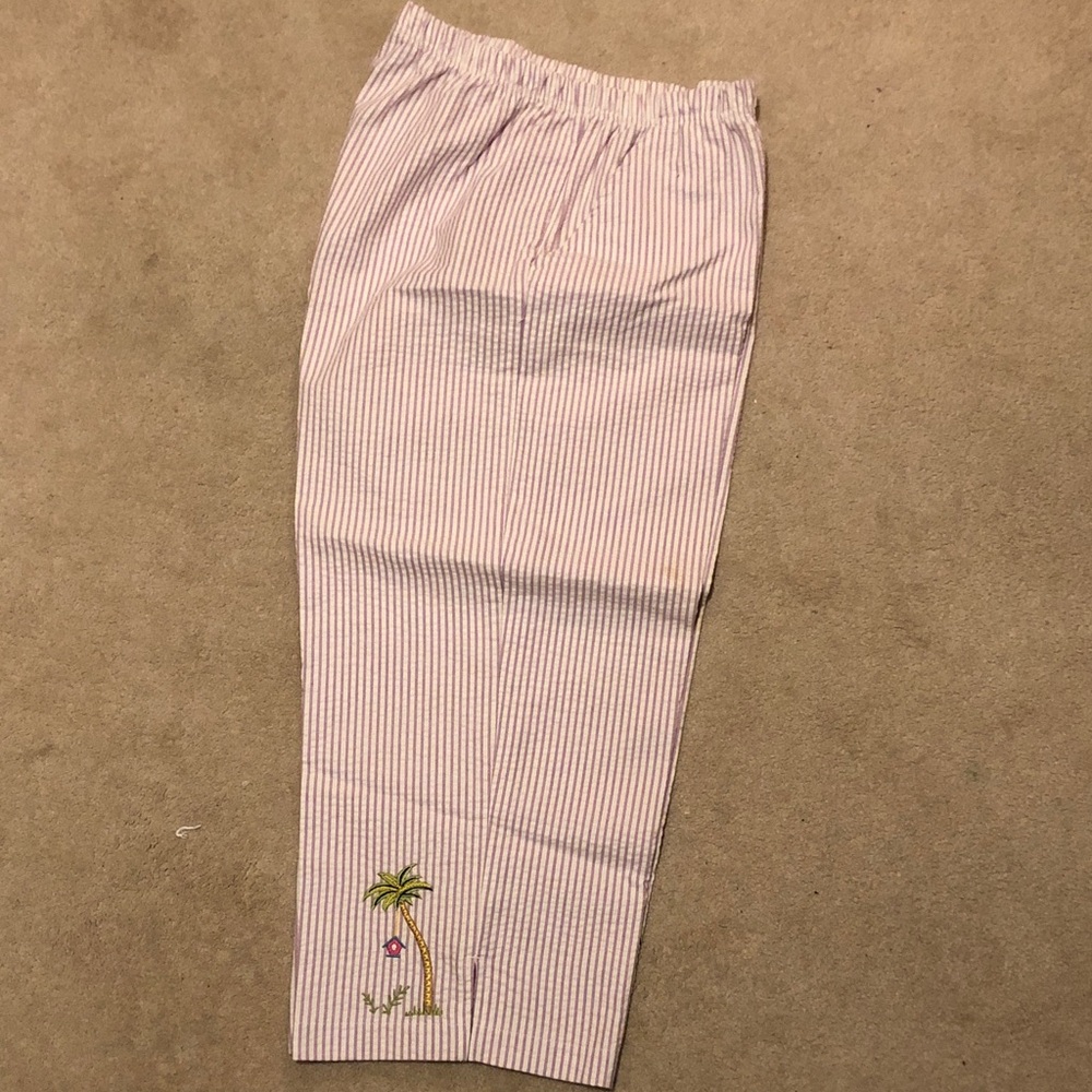 Breckenridge Lavendar Striped Capris with Palm Tree Embroidery